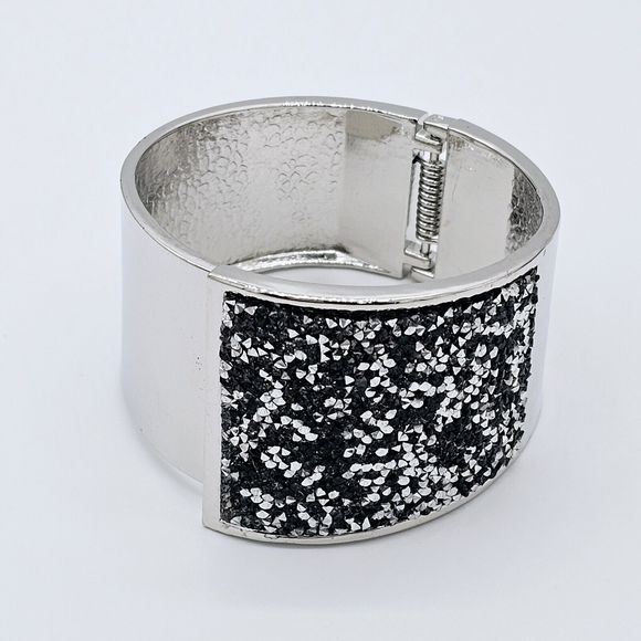 INC Cuff Bracelet Clamper Faux Druzy Rhinestone Wide Black Silver Tone Statement - Picture 8 of 9